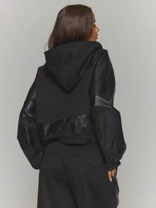 MUSERA 拉链式仿皮连帽飞行员夹克，冬季街头风，酷炫夜生活日常性感春季必备 - 黑色 - 查看 4