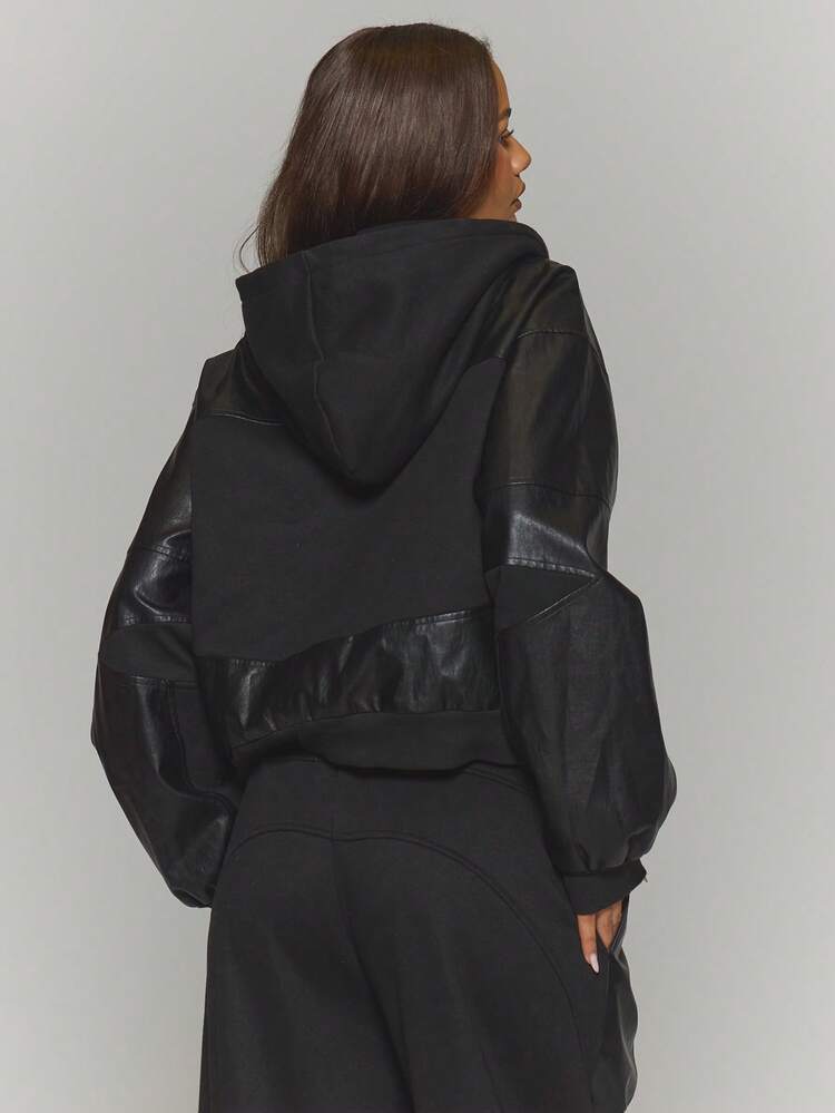 MUSERA 拉链式仿皮连帽飞行员夹克，冬季街头风，酷炫夜生活日常性感春季必备 - 黑色 - 查看 4