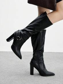 CUCCOO BIZCHIC Hochwertige Herbst/Winter Schnallen Pendler Schwarz Kniehohe Stiefel, Spitze Zehe Plateau Absatz Elegante Damenstiefel, Modischer vielseitiger neuer Stil Lange Stiefel, die weiblichen Charme und Eleganz zeigen - Schwarz - Übersicht 5