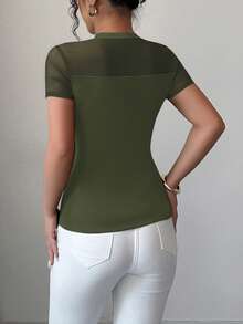 Elenzga Áo thun nữ cổ tròn tay ngắn họa tiết lưới vá trơn màu đa năng mùa hè 2025 - xanh quân đội - Xem 2