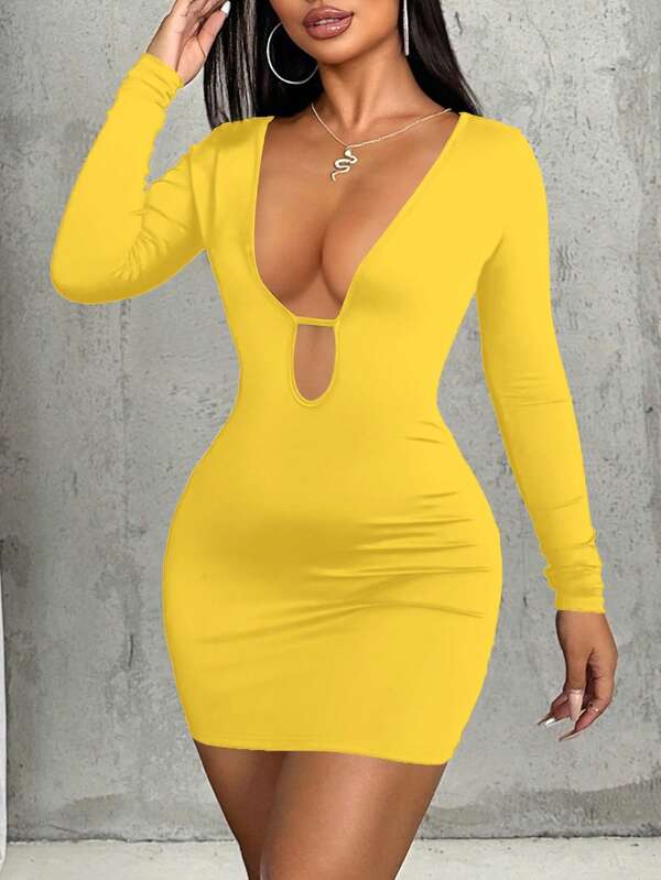 Zolique Vestido corto de mujer con escote en V profundo y sólido, de moda y sexy