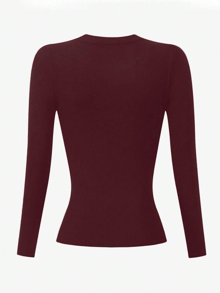 INAWLY Women's Casual Solid Color Slim Fit Long Sleeve Round Neck T-Shirt - Maroon - View 2