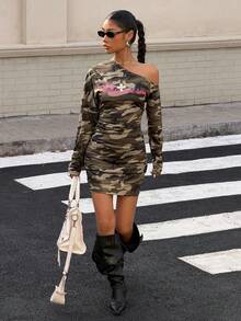 Muchica Women's Camouflage Pattern Asymmetrical Shoulder Mini Bodycon Dress For Going Out Outfits, Streetwear, Y2K Clothes - Green - View 6