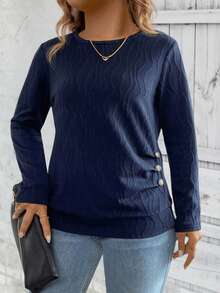 EMERY ROSE Maglietta a maniche lunghe in tinta unita con texture, casual, per l'autunno, taglie comode - Blu Navy - Visualizzare 5