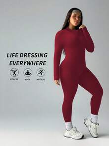 Rhythm Era Plus Size Women Seamless Burgundy Backless Jumpsuit With Long Sleeves - Burgundy - View 4