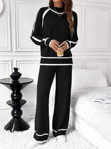 SHEIN LUNE 2件套女士休闲宽松撞色毛衣套装 - 黑色 - 查看 4