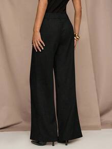 SHEIN BAE 女式休闲日常通勤简约纯色侧袋阔腿裤，不含腰带 - 黑色 - 查看 9