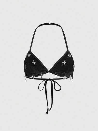 Goth Reggiseno gotico punk da donna con pendente a croce in pelliccia sintetica
