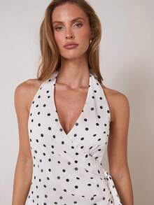 COSMINA Women's Elegant Deep V Ruched Polka Dot Chiffon Mini Dress, Versatile For Commuting And Office Wear, All Season - Black and White - View 7