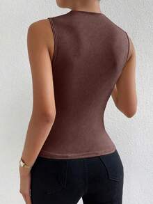 SHEIN PETITE Tank Top Lipit Leher Tinggi Kasual Modis, untuk Wanita Bertubuh Mungil - Coklat - View 2
