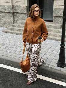 Hansera Women's Faux Suede Deer Fur Collar Long Sleeve Cardigan, Elegant Jacket, Suitable For Everyday Wear, Autumn/Winter Brown Outerwear Women Fall Clothing For Women,Brown Jacket, Brown Clothes,Winter - Brown - View 4