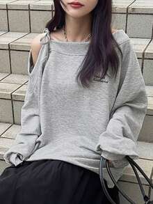FRIFUL 女士标语印花露肩长袖宽松休闲T恤 - 灰色 - 查看 5
