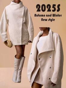 Zivah 2025 冬季新品 - 全球狂欢季：新年、情人节、派对、晚宴、约会、聚会、生日派对、学院风、学生装、日常、百搭基础款、休闲、邮轮旅行、网红热销、优雅、通勤、商务休闲长袖杏色粗花呢面料冬季外套、圣诞节、新年 - 杏色 - 查看 3