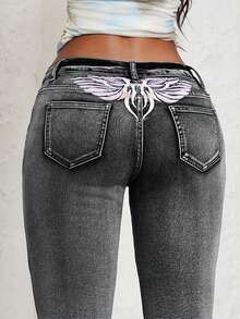 SHEIN Unity Plus Size Y2K Streetwear Embroidered Flare Jeans - Dark Grey - View 6