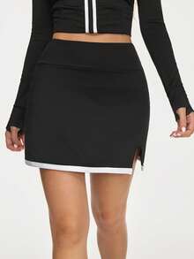 Eassivo Eassivo Women's Black High Waisted Tennis Skirt,Athletic Stretch Sports Skort, Asymmetrical Hem, Contrast Trim, Workout Running Yoga Golf Activewear, Fitness Bottoms - Black - View 5