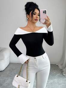 Elenzga 女士撞色露肩长袖修身衬衫，袖口开衩，适合秋季和新年穿着 - 黑與白 - 查看 3