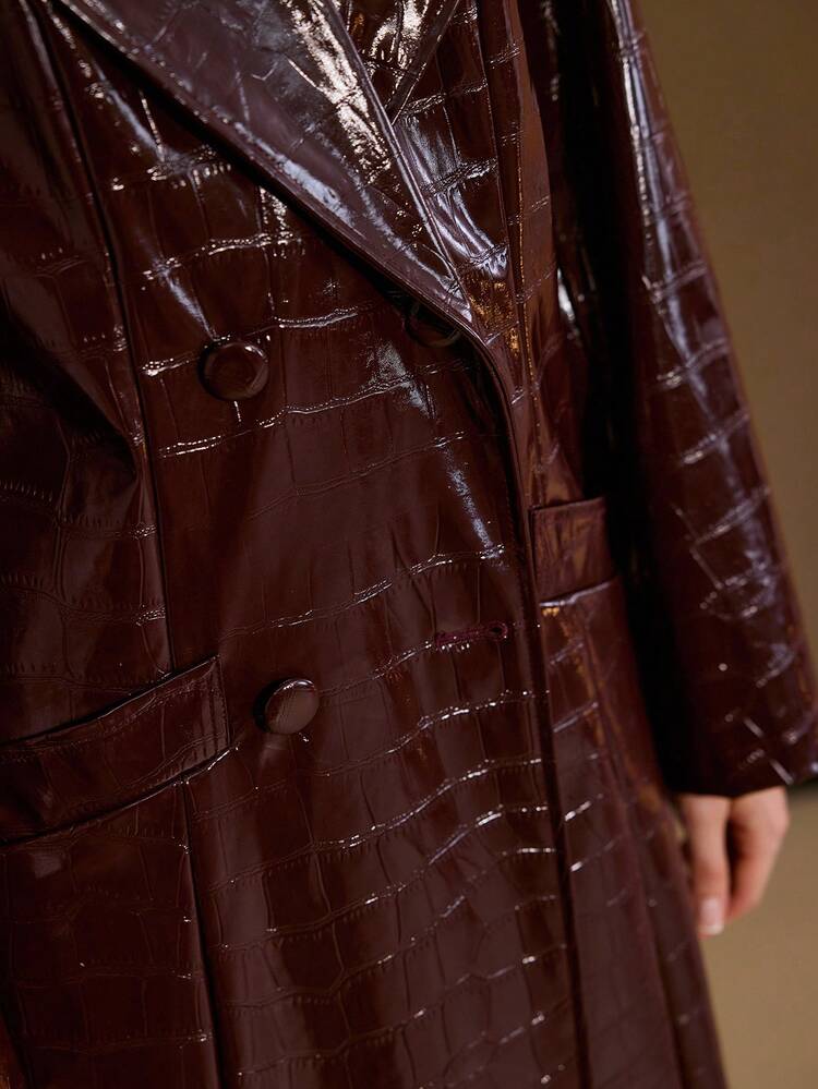 WOMEN'S ELEGANT COMMUTER LAPEL COLLAR CROCODILE TEXTURED PU LEATHER LONG TRENCH COAT