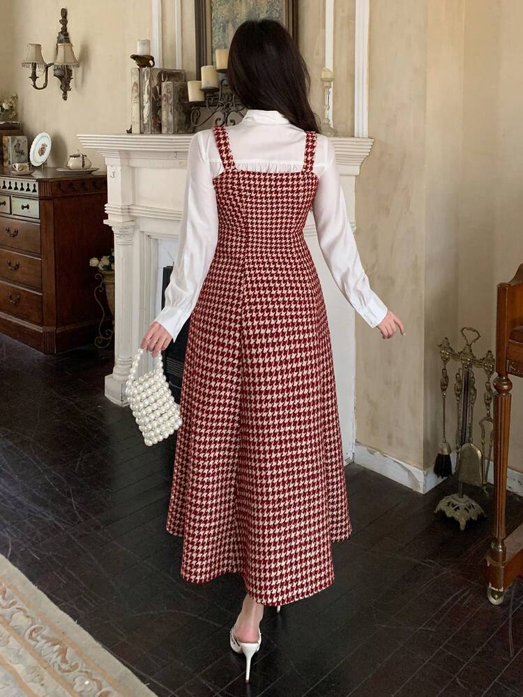 Elegant Red Houndstooth Print Sleeveless Midi Dress For Women, Autumn