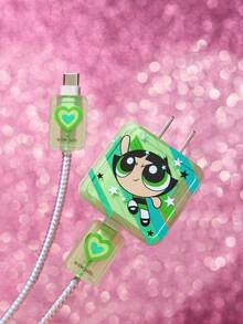 THE POWERPUFF GIRLS X SHEIN 3 Pcs Data Line Protective Cover, Suitable For IPhone Charger, Cherry Printing Pattern, Charger Protective Cover (Without Data Line),Gift Ideas - Green - View 2