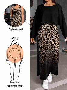 SHEIN Essnce 两件套加大码女式渐变豹纹印花休闲圆领长袖T恤和吊带裙，秋冬款 - 彩色 - 查看 8