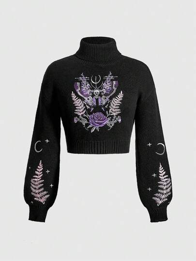Fairycore Fairy-Style Moth, Butterfly, Rose Flower, Plant, Moon & Star Embroidery Women's Turtleneck Sweater