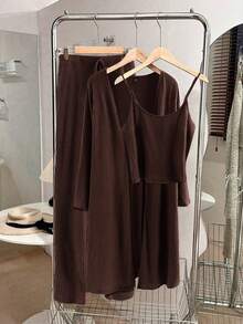 SHEIN LUNE 大码女装三件套：纯色罗纹可调节吊带背心 + 休闲开襟长袖开衫 + 松紧腰紧身裤 - 藏蓝色 - 查看 3