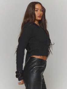 MUSERA 深V领露脐针织连帽衫上衣，冬季街头风，清凉夜出，日常性感，缟玛瑙色，优雅冬日派对晚宴夏季必备 - 黑色 - 查看 3