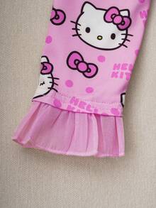 HELLO KITTY AND FRIENDS | SHEIN Baby Girl Cartoon Bow Kitty Cat Allover Print Button Front Top & Pants Pajama Set, Sweet & Lovely, Autumn/Winter Pink Pajama Set Ruffle Trim Pajamas - Pink - View 7