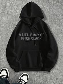 INAWLY Women's Fashion Slogan Print Drawstring Hooded Sweatshirt - Black - View 4