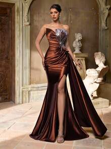 Glamrae Elegant Luxurious Beaded & Sequin Patchwork Elastic Satin Ruched Side Slit Fishtail Skirt, Suitable For Weddings, Parties, Vacations, Galas, Evening Dresses (Heavy Embellishment) - Coffee Brown - View 3