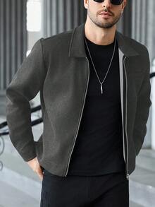 Manfinity CasualCool Áo khoác nam trơn màu có khóa kéo thường ngày, áo khoác crop mùa thu/đông cho nam, áo khoác nam, áo khoác mùa hè cho nam, áo khoác nam dài tay có khóa kéo thường ngày - Xám - Xem 6