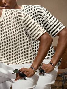 AKNOTIC 2件套男士条纹圆领休闲短袖T恤 - 杏色 - 查看 8