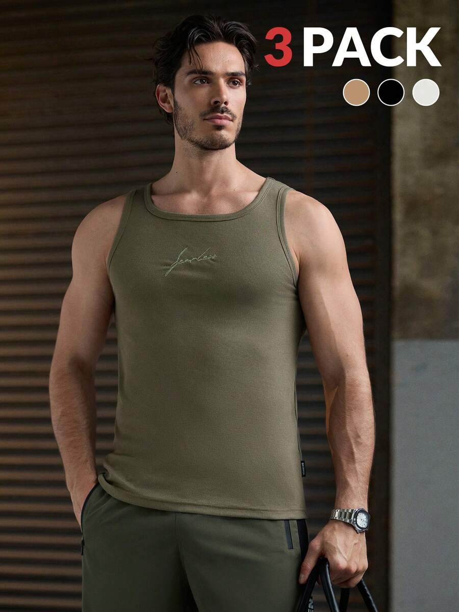 Manfinity VCAY 3pcs/Set Men's Casual Knitted Loose Sleeveless Tank Top, Daily Wear For Young Adults - Black - View 1