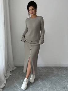 Elenzga Women's Casual Solid Color Sweater And Button-Up Knit Skirt Set, Autumn/Winter - Light Grey - View 5