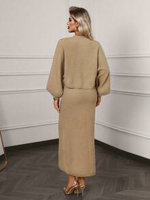 Xyvia 优雅卡其色提花麻花针织毛衣和直筒裙两件套，适合通勤，秋冬 - 卡其色 - 查看 2