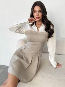 Firerie Women's Elegant White Autumn Office Dress,Casual Commuter Linen Color Block Long-Sleeved Pleated Skirt,Old Money Style Graduation Formal Wear - Apricot - View 3