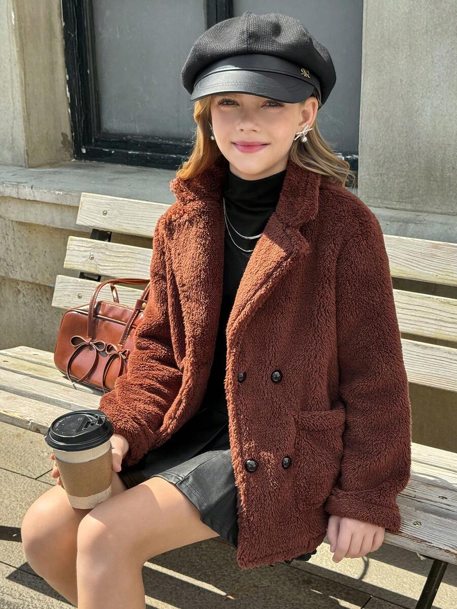 Tween Girl Fashionable Versatile Solid Color Double-Breasted Jacket, Autumn/Winter - Multicolor - View 1