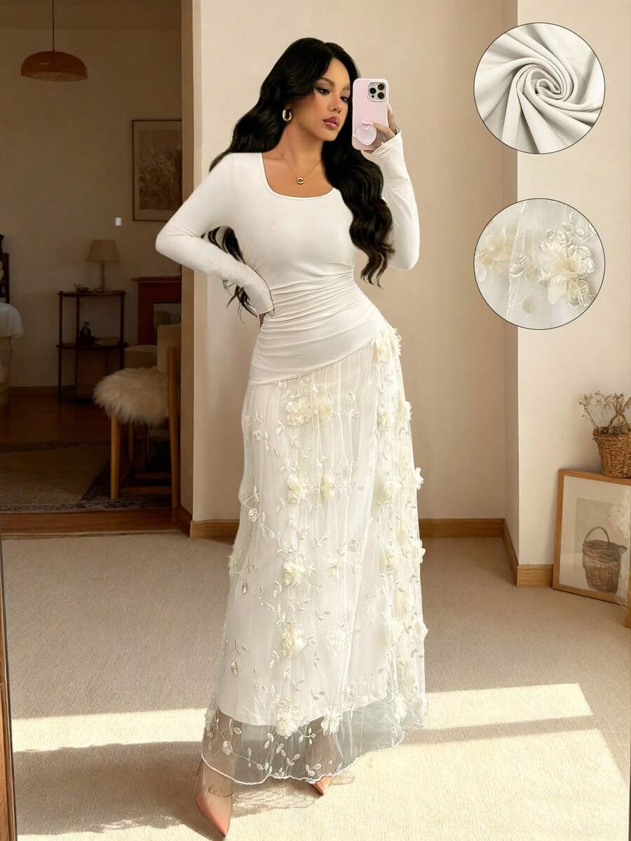 Elenzga Đầm suông họa tiết hoa 3D màu trơn thanh lịch, thoải mái, quyến rũ, cổ điển, lãng mạn, ngày lễ, nhẹ nhàng, tay dài, cổ tròn, ôm sát, dáng chữ A, viền phồng - Màu be - Xem 1