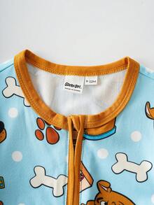 SCOOBY-DOO X SHEIN Baby Boy Cute Cartoon Bone & Paw Print All-Over Print Crew Neck Long Sleeve Zip-Up Footed Pajama Baby Boy Clothes Baby Boy Pajama Set Baby Boy Pajamas Zipper - Multicolor - View 3