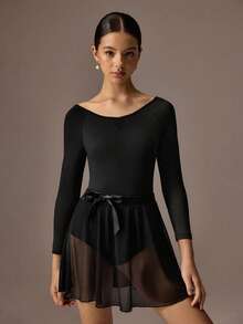 SHEIN Justaucorps de ballet à manches longues noires avec dos ajouré et jupe en tulle pour adolescentes, combinaison de danse de ballet à 4 voies extensible et très élastique