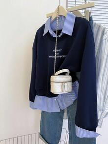 INAWLY Women's Fashionable Casual 2 In 1 Collared Long Sleeve Sweatshirt Pullover Fall