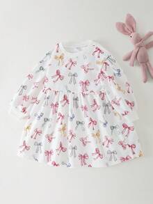 THE HAPPY LOOK Young Girl Bow Knit Soft Round Neck Long Sleeve Waist Cinched Dress - Multicolor - View 7