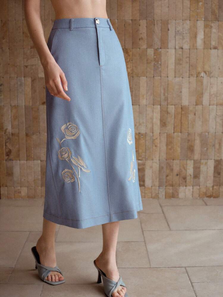 WOMEN'S EMBROIDERED A-LINE SKIRT WITH SPLIT