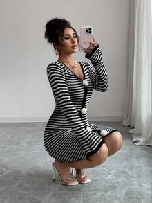 Rafferiza French Retro Vacation Casual Chic Minimalist Daily Versatile Spring Autumn Winter Women's Long Sleeve V-Neck 3D Floral Hand-Knitted Contrast Color Black & White Striped Flared Sleeve Midi Sweater Dress - Black and White - View 3