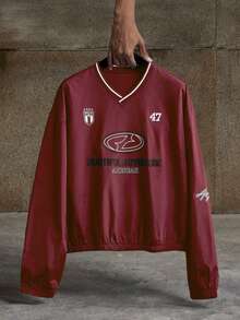 AXEPEAK 男士休闲运动V领字母刺绣卫衣，秋季款，长袖上衣 - 紅色 - 查看 1