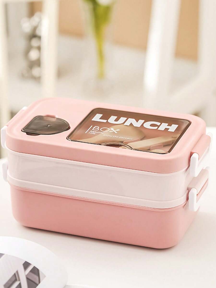 1个塑料双层午餐盒，带餐具，可微波炉加热，防漏食品容器，适合返校季、学校用品、教室、露营、野餐、家庭厨房使用。 - 粉紅色(附沾料盒) - 查看 1