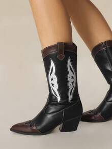 Styleloop Sexy Fashion Contrast Embroidered Pointed Toe Chunky Heel Western Style Side Zipper Over-The-Knee Boots For Women, Suitable For Christmas, Thanksgiving, Party, New Year - Multicolor - View 1