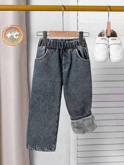 SHEIN 男童保暖直筒牛仔裤，1件装，舒适透气，适合日常穿着、户外活动、通勤、上学，秋冬季节适用，保暖内衬。