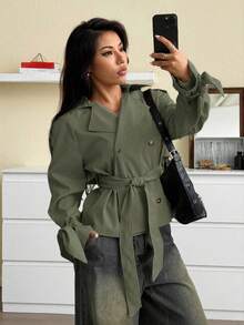 SHEIN EZwear 女式休闲纯色缺口领双排扣风衣，秋季 - 綠色 - 查看 6