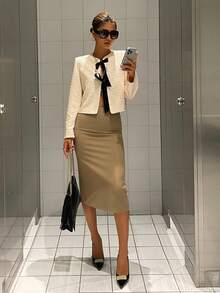 Livesso 女士优雅纹理开衫衬衫，撞色蝴蝶结设计，适合新年、圣诞节、婚礼、派对、舞会、春秋冬季女式外套 - 米色 - 查看 4